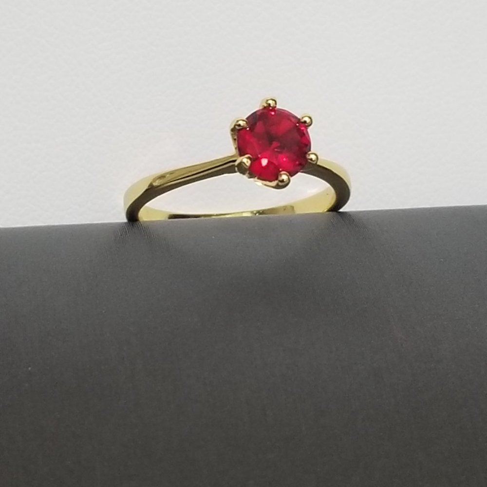Poppy Engagement Ring 1k CZ Solitaire - Ruby Red on Yellow Gold - Picture 9 of 11